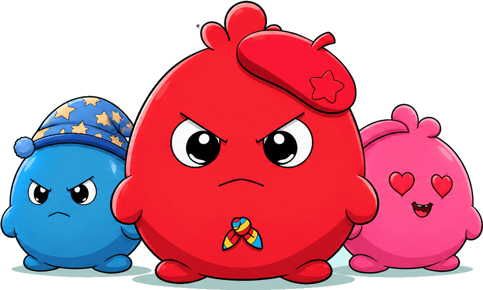 Three Bubbos: a blue one in a wizard nightcap, a grumpy red one in a beret, and a pink one with heart eyes